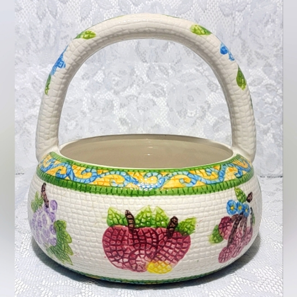 Vintage 1990s Ceramic Mosaic Quilted Fruits Vegetables Basket Bowl Jay Import